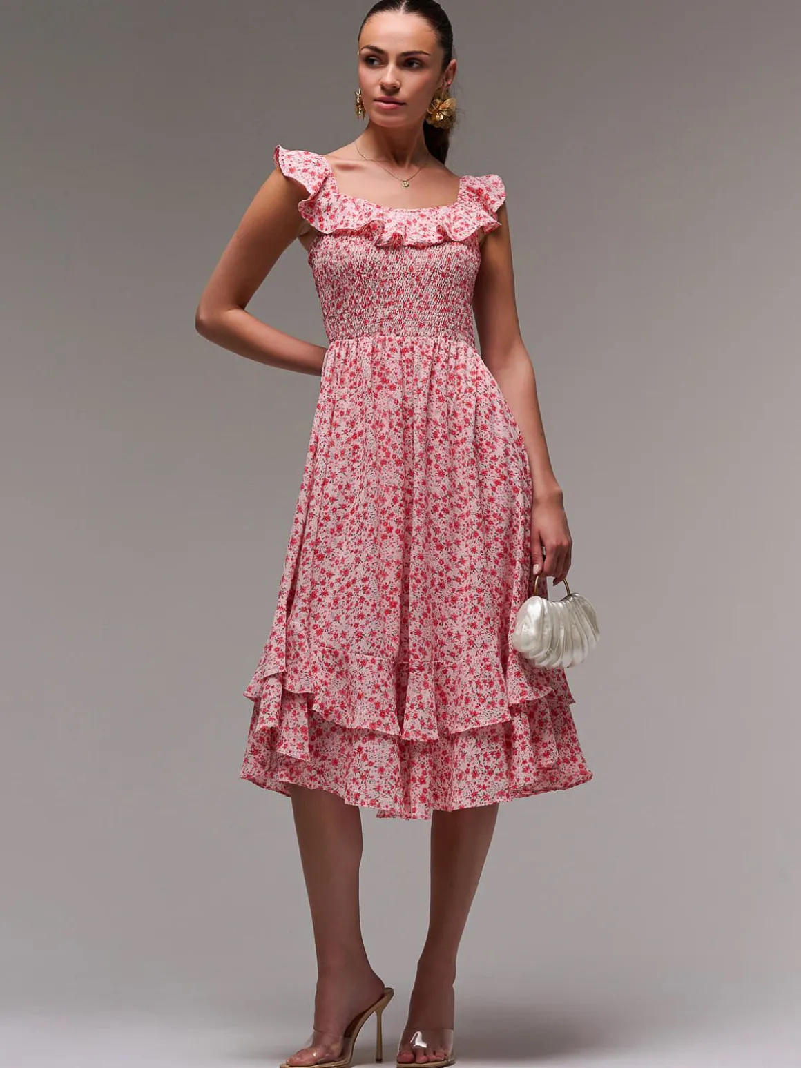 Ruffle Shirred Woven Midi Dress, Red Floral