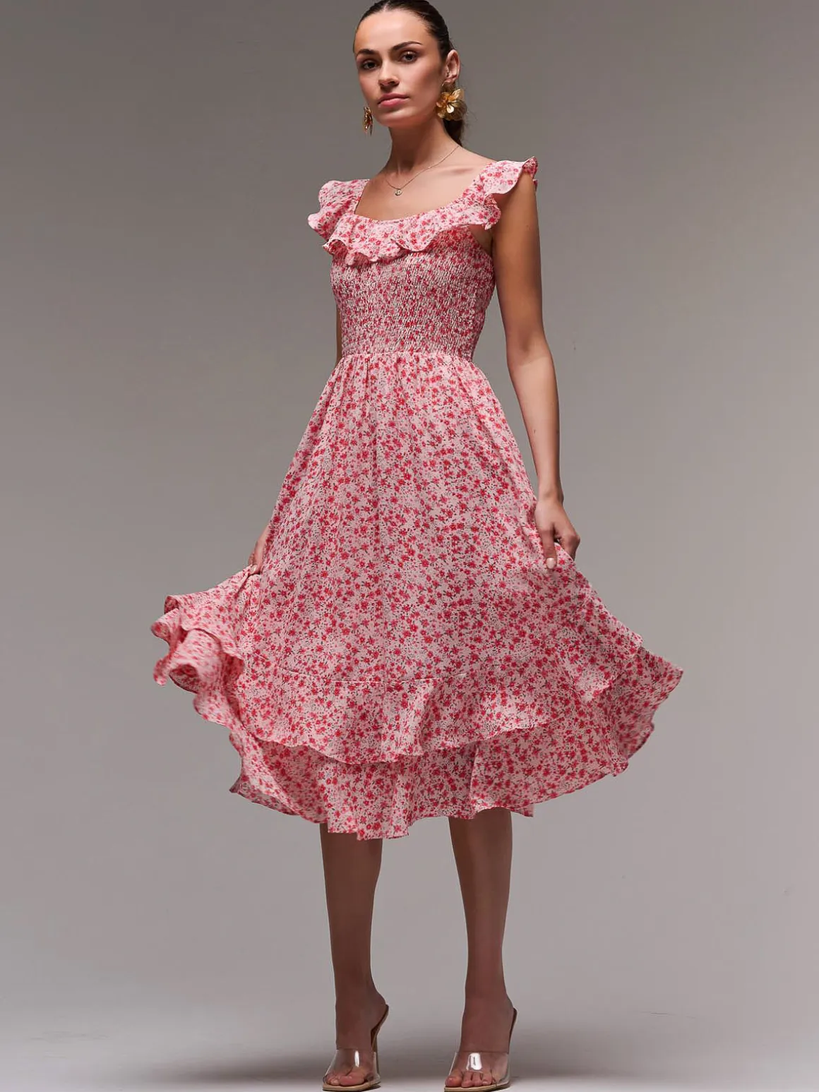 Ruffle Shirred Woven Midi Dress, Red Floral
