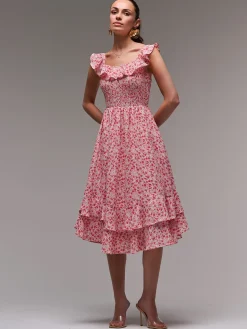 Ruffle Shirred Woven Midi Dress, Red Floral