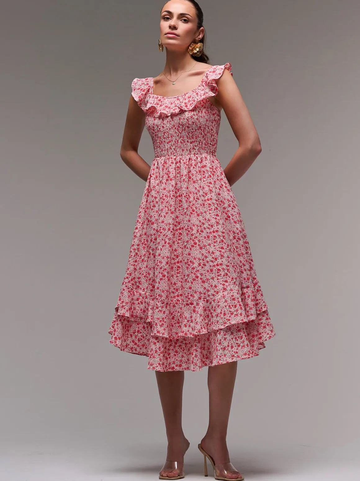 Ruffle Shirred Woven Midi Dress, Red Floral