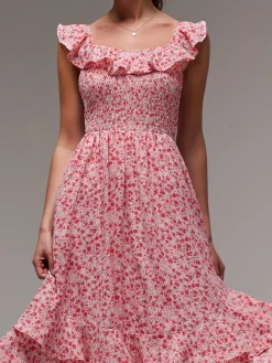 Ruffle Shirred Woven Midi Dress, Red Floral