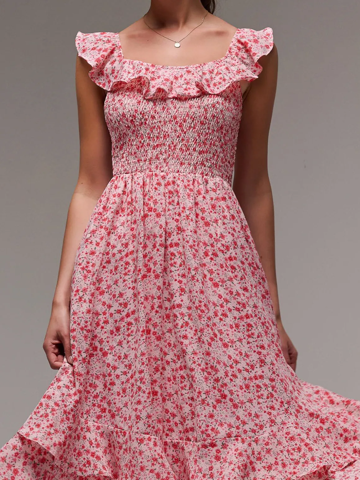 Ruffle Shirred Woven Midi Dress, Red Floral