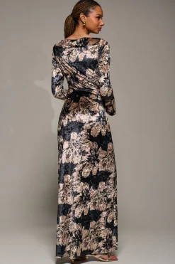 Ruffle Sleeve Asymmetric Neck Velvet Maxi, Black Abstract