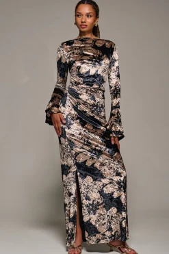 Ruffle Sleeve Asymmetric Neck Velvet Maxi, Black Abstract