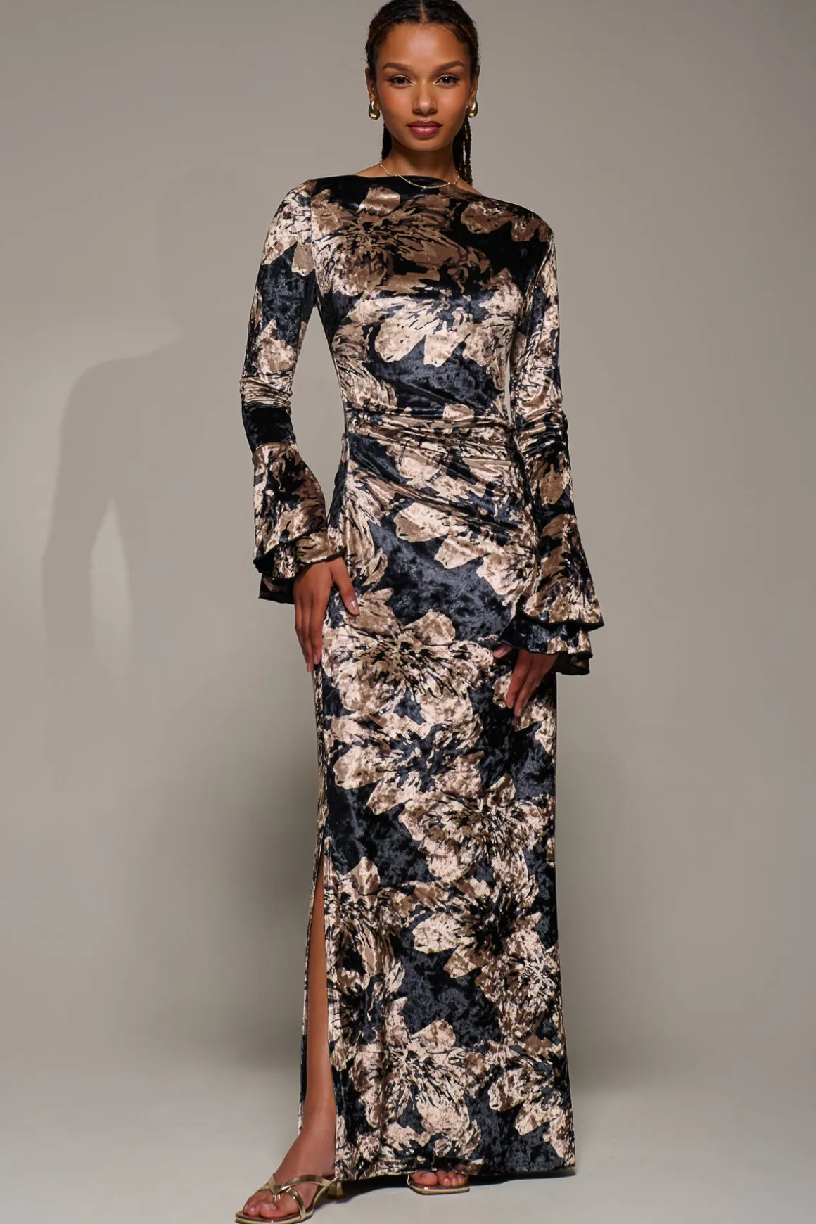 Ruffle Sleeve Asymmetric Neck Velvet Maxi, Black Abstract
