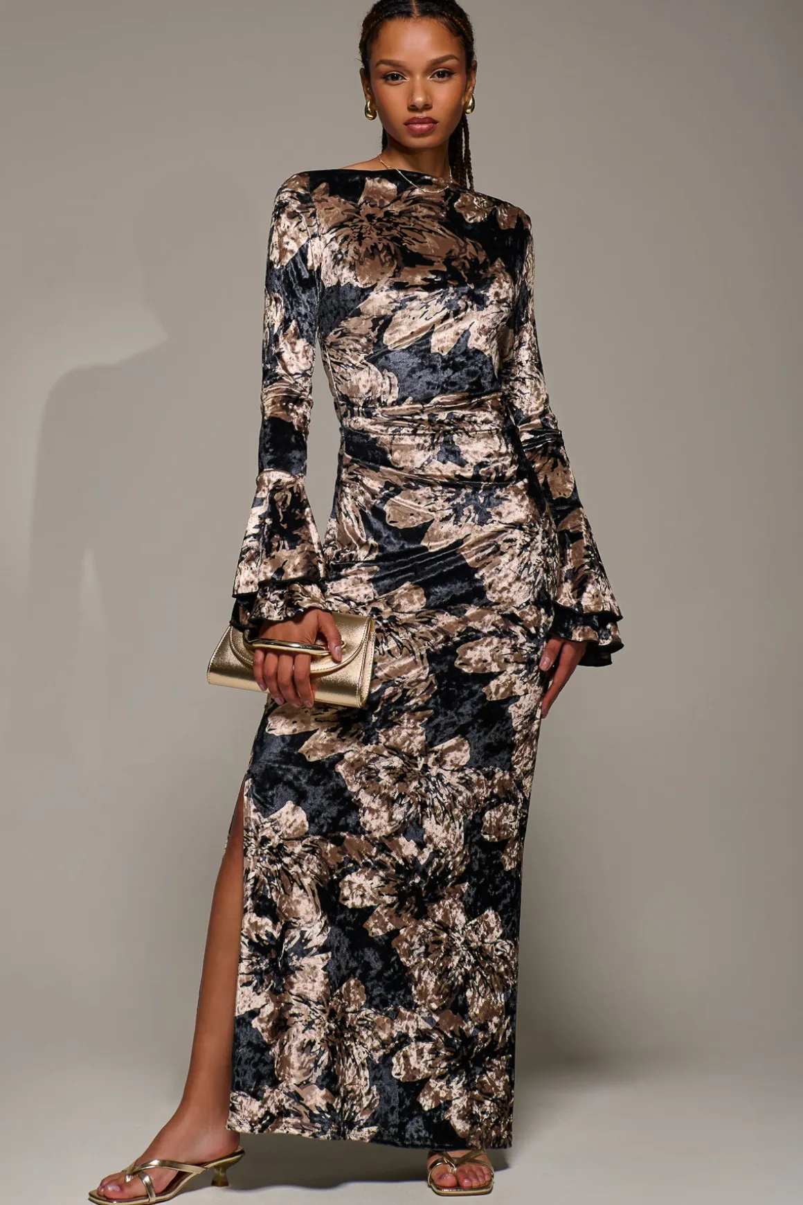Ruffle Sleeve Asymmetric Neck Velvet Maxi, Black Abstract