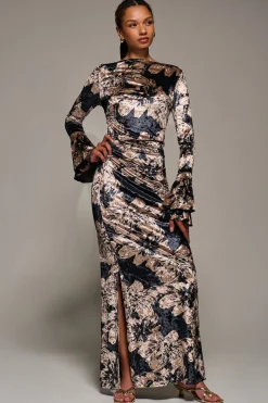 Ruffle Sleeve Asymmetric Neck Velvet Maxi, Black Abstract