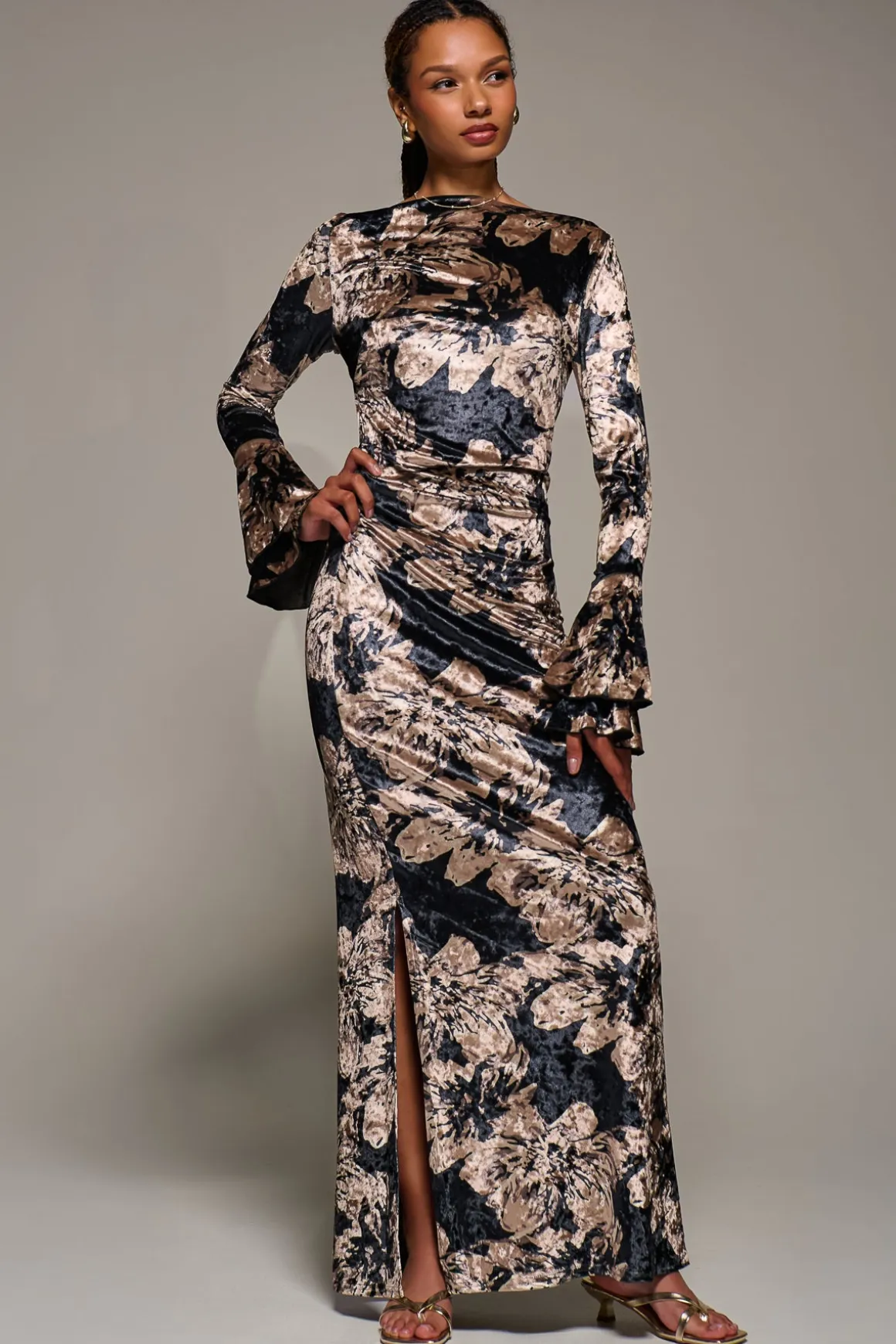 Ruffle Sleeve Asymmetric Neck Velvet Maxi, Black Abstract