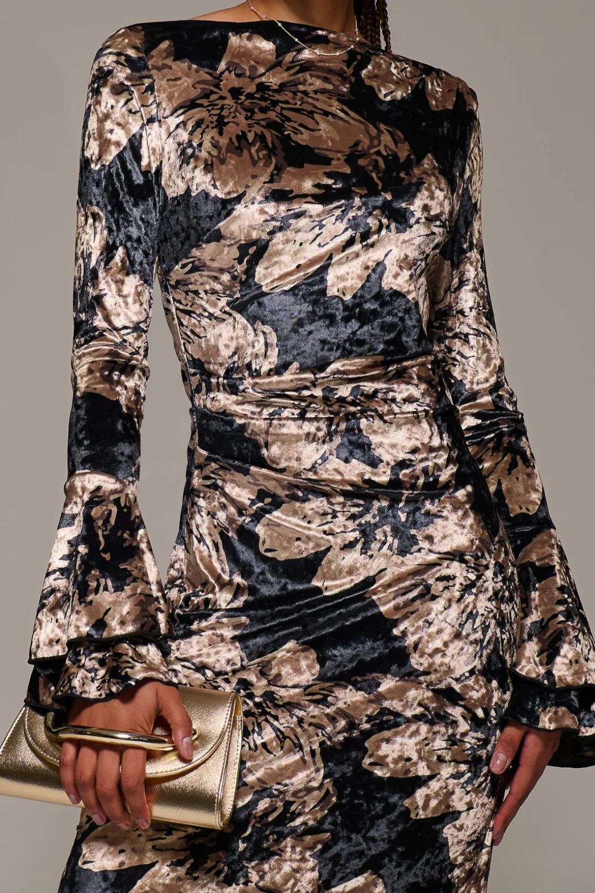 Ruffle Sleeve Asymmetric Neck Velvet Maxi, Black Abstract