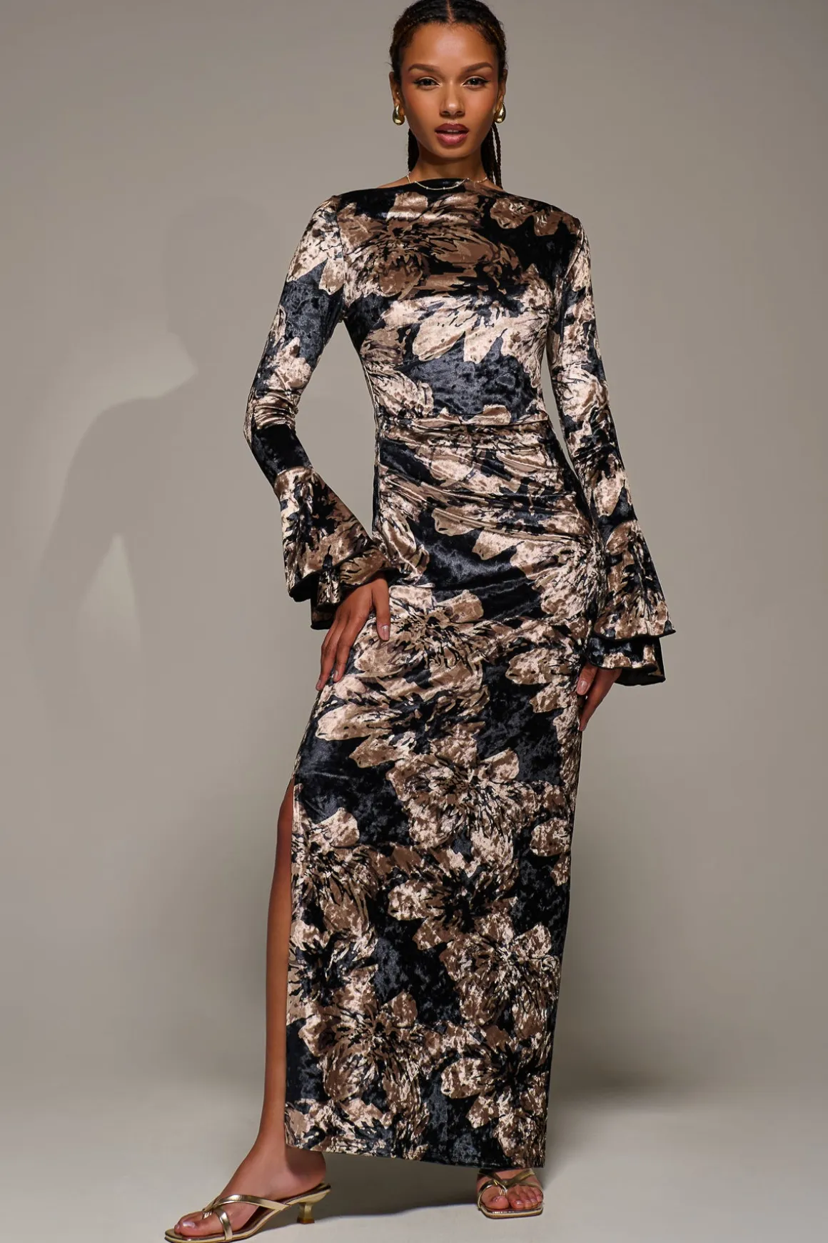 Ruffle Sleeve Asymmetric Neck Velvet Maxi, Black Abstract
