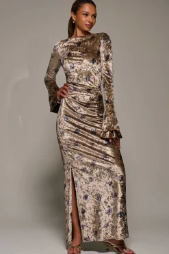 Ruffle Sleeve Asymmetric Neck Velvet Maxi, Gold Abstract
