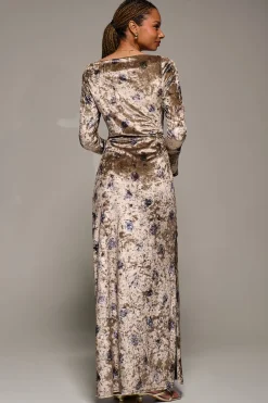 Ruffle Sleeve Asymmetric Neck Velvet Maxi, Gold Abstract
