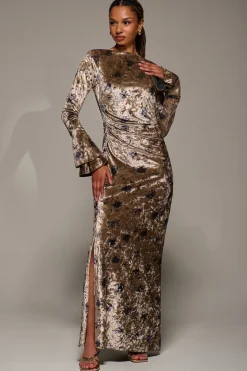 Ruffle Sleeve Asymmetric Neck Velvet Maxi, Gold Abstract