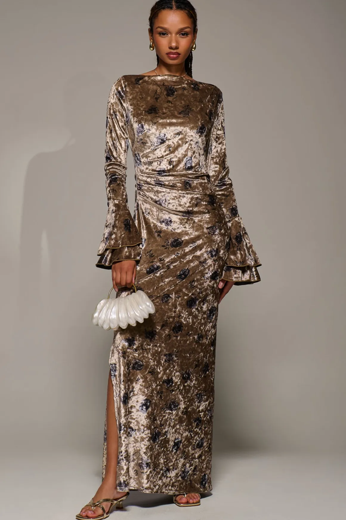 Ruffle Sleeve Asymmetric Neck Velvet Maxi, Gold Abstract