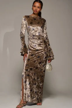 Ruffle Sleeve Asymmetric Neck Velvet Maxi, Gold Abstract