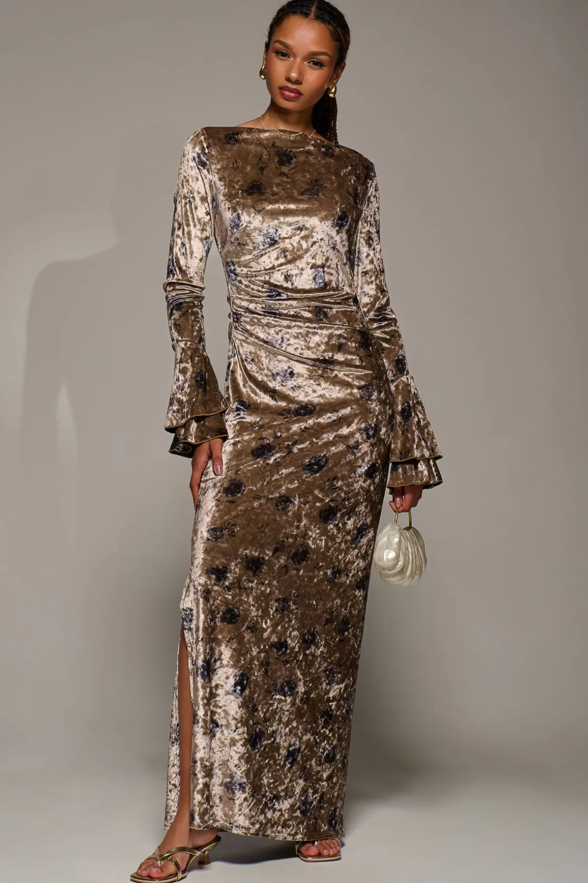 Ruffle Sleeve Asymmetric Neck Velvet Maxi, Gold Abstract