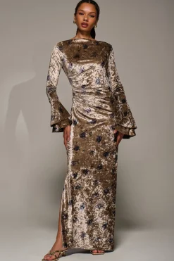 Ruffle Sleeve Asymmetric Neck Velvet Maxi, Gold Abstract