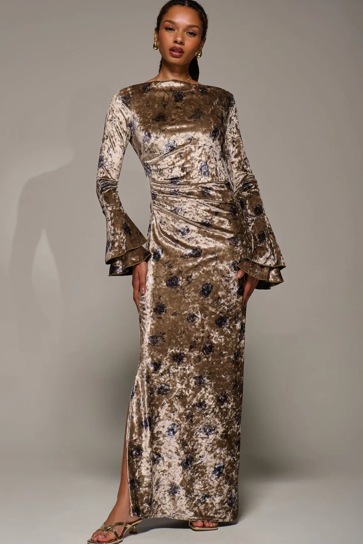 Ruffle Sleeve Asymmetric Neck Velvet Maxi, Gold Abstract