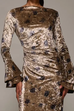 Ruffle Sleeve Asymmetric Neck Velvet Maxi, Gold Abstract