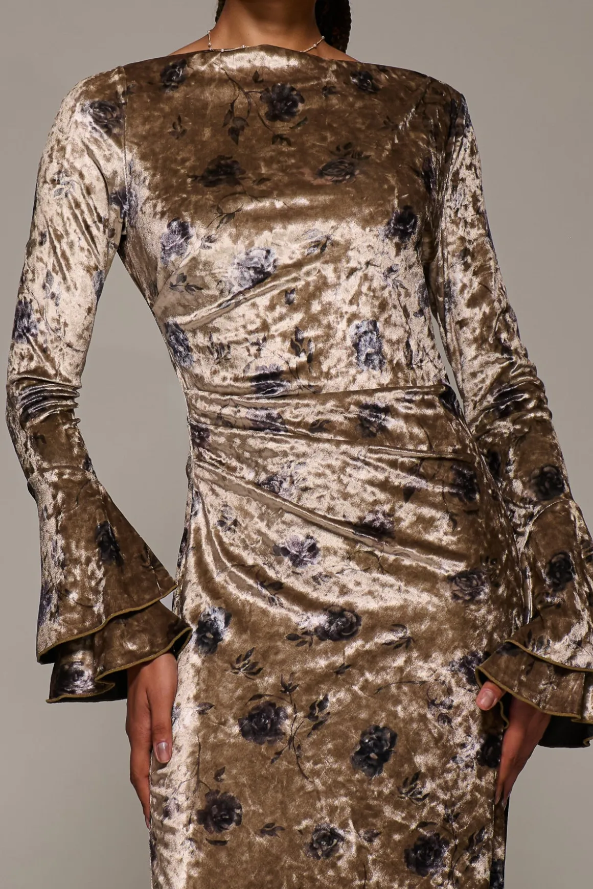 Ruffle Sleeve Asymmetric Neck Velvet Maxi, Gold Abstract