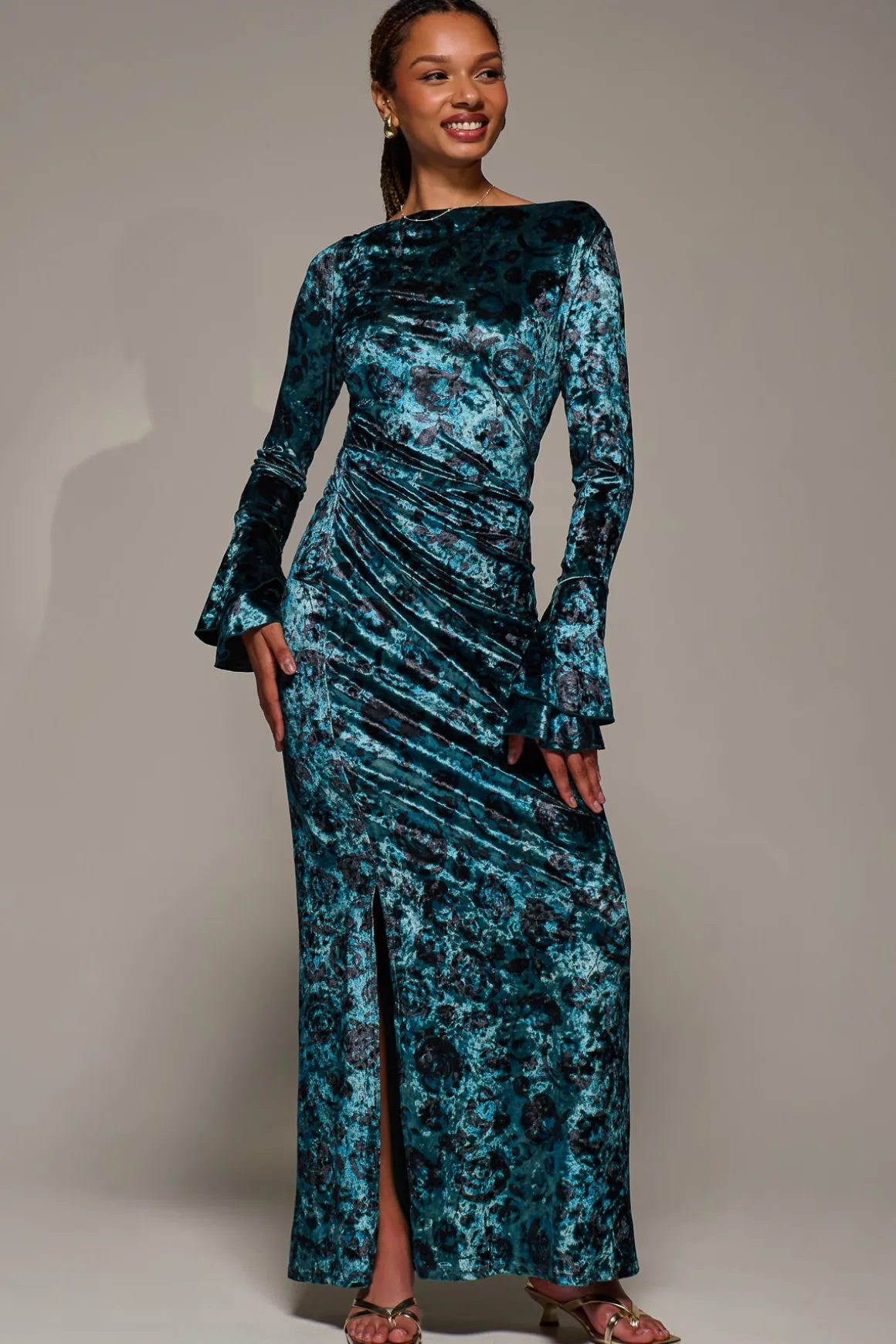 Ruffle Sleeve Asymmetric Neck Velvet Maxi, Green Abstract