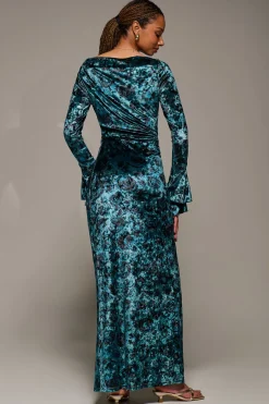 Ruffle Sleeve Asymmetric Neck Velvet Maxi, Green Abstract