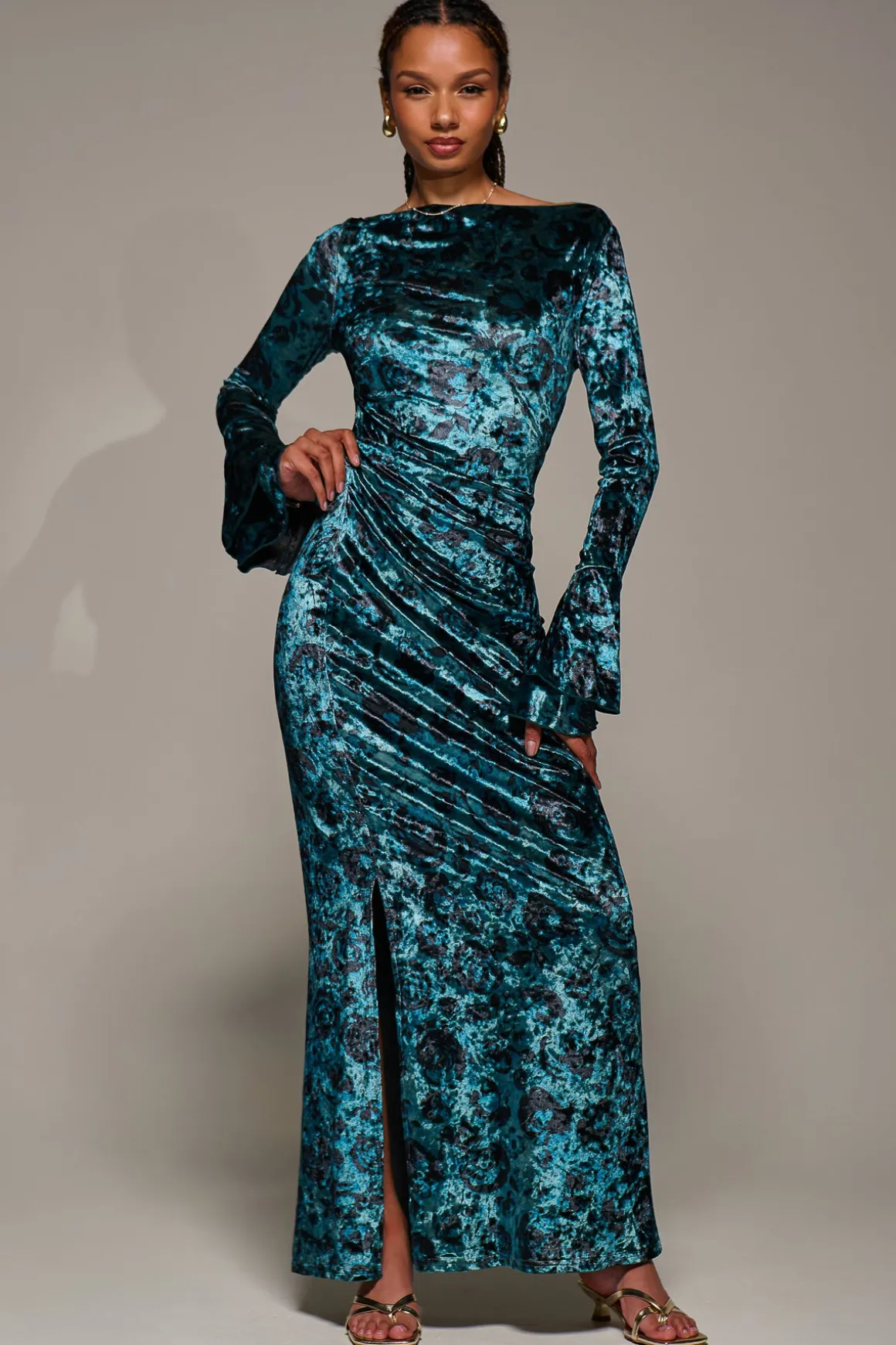 Ruffle Sleeve Asymmetric Neck Velvet Maxi, Green Abstract
