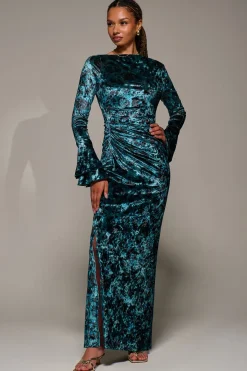 Ruffle Sleeve Asymmetric Neck Velvet Maxi, Green Abstract