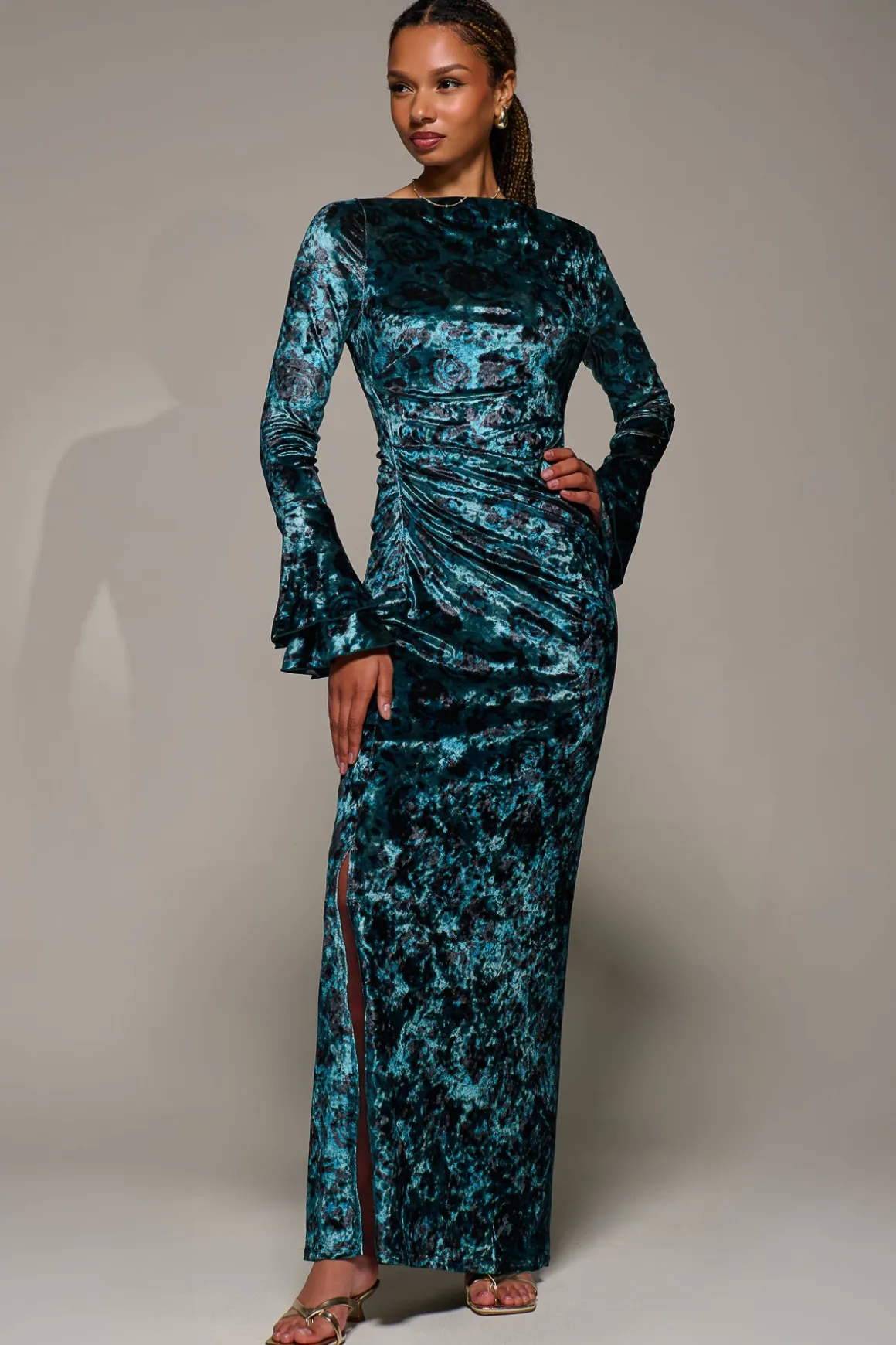 Ruffle Sleeve Asymmetric Neck Velvet Maxi, Green Abstract
