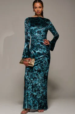 Ruffle Sleeve Asymmetric Neck Velvet Maxi, Green Abstract
