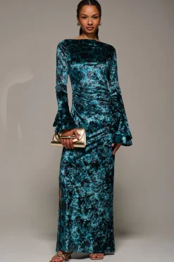 Ruffle Sleeve Asymmetric Neck Velvet Maxi, Green Abstract