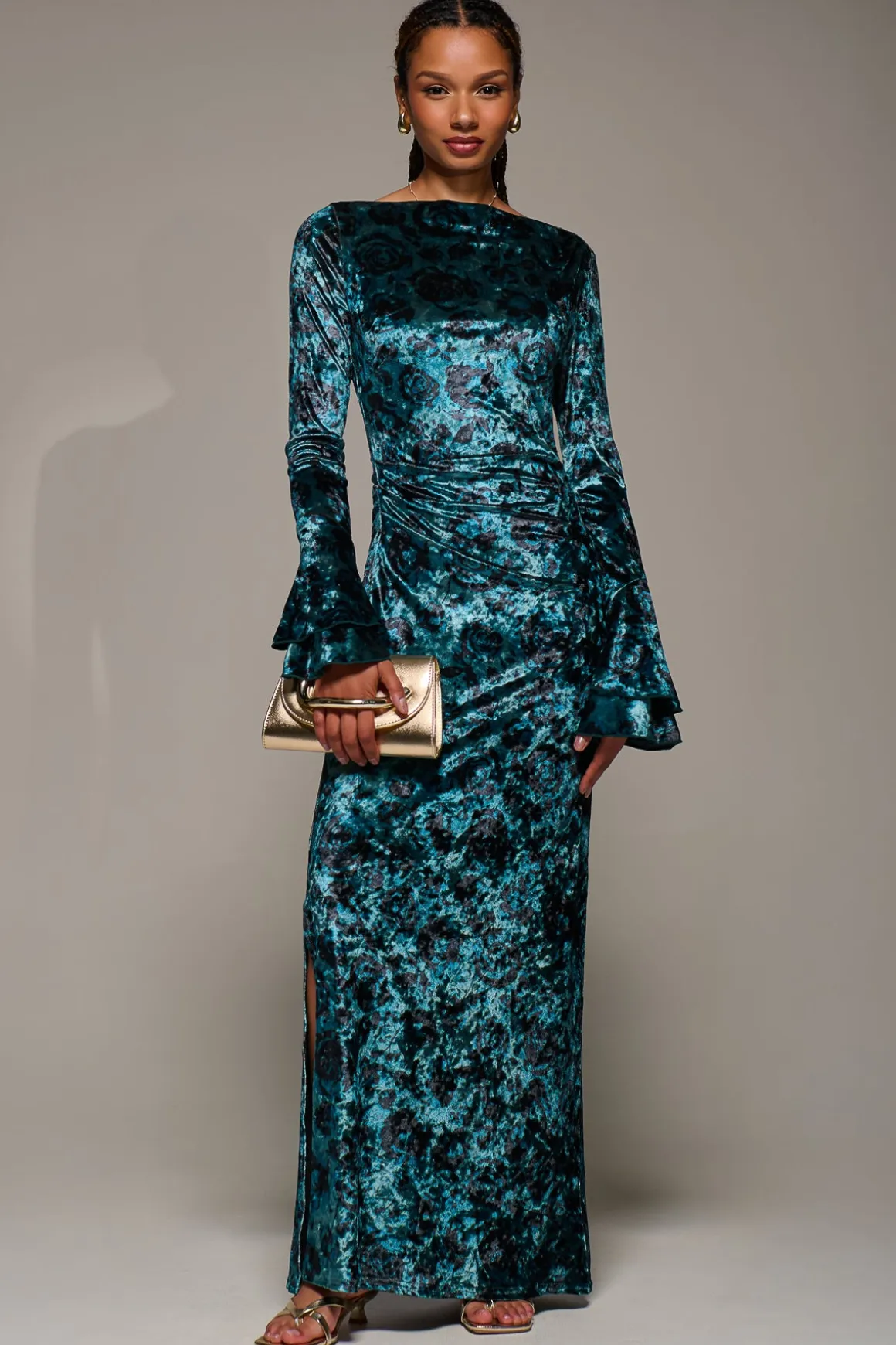 Ruffle Sleeve Asymmetric Neck Velvet Maxi, Green Abstract
