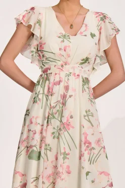 Ruffle Sleeved Chiffon Maxi Dress, Cream Floral