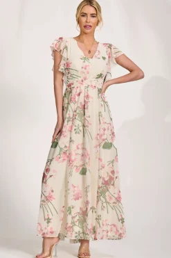 Ruffle Sleeved Chiffon Maxi Dress, Cream Floral