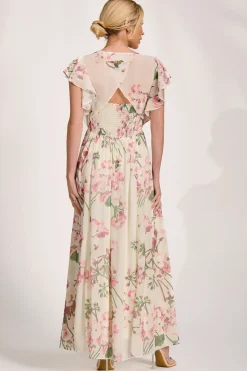 Ruffle Sleeved Chiffon Maxi Dress, Cream Floral