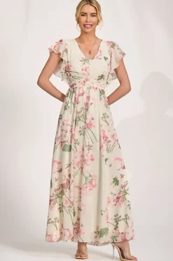 Ruffle Sleeved Chiffon Maxi Dress, Cream Floral