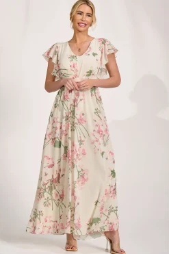 Ruffle Sleeved Chiffon Maxi Dress, Cream Floral