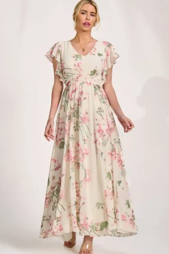 Ruffle Sleeved Chiffon Maxi Dress, Cream Floral