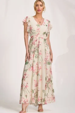 Ruffle Sleeved Chiffon Maxi Dress, Cream Floral