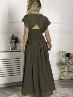Ruffle Sleeved Chiffon Maxi Dress, Soldier Green