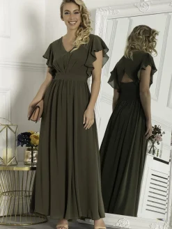 Ruffle Sleeved Chiffon Maxi Dress, Soldier Green