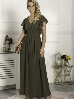 Ruffle Sleeved Chiffon Maxi Dress, Soldier Green