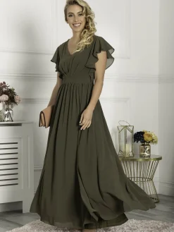 Ruffle Sleeved Chiffon Maxi Dress, Soldier Green