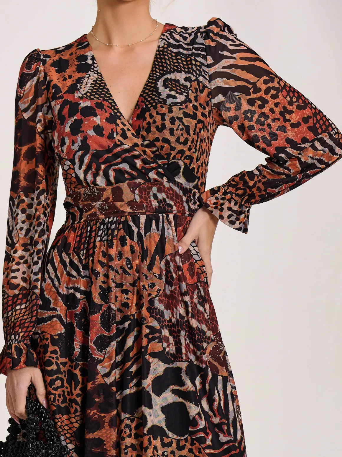 Ruffle Sleeve Mesh Midaxi Dress, Animal Multi