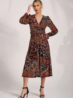 Ruffle Sleeve Mesh Midaxi Dress, Animal Multi