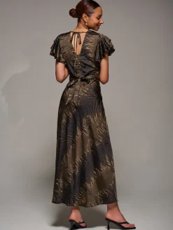 Ruffle Sleeve Print Satin Maxi Dress, Brown Animal