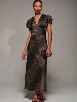 Ruffle Sleeve Print Satin Maxi Dress, Brown Animal