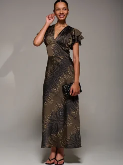 Ruffle Sleeve Print Satin Maxi Dress, Brown Animal