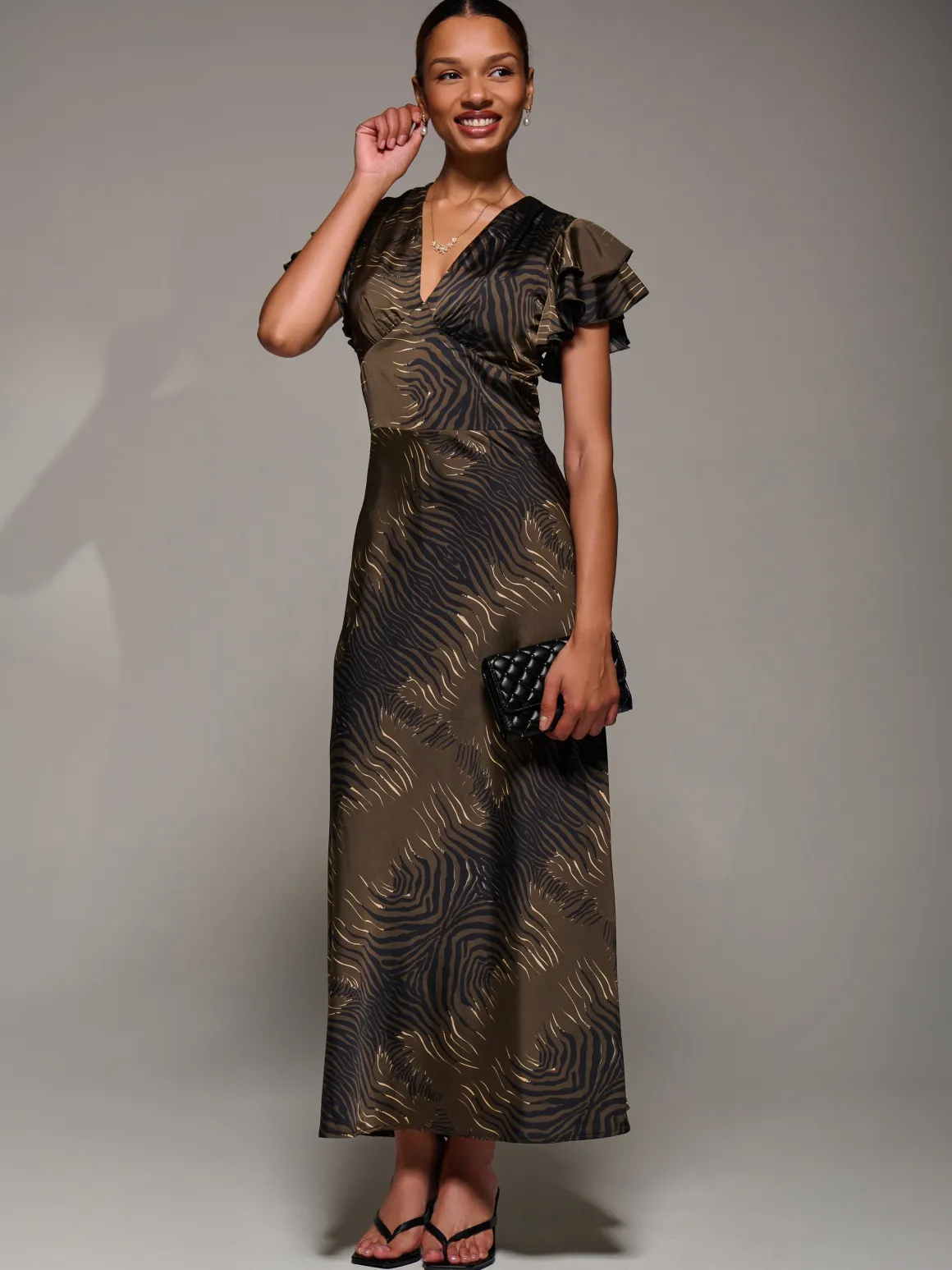 Ruffle Sleeve Print Satin Maxi Dress, Brown Animal