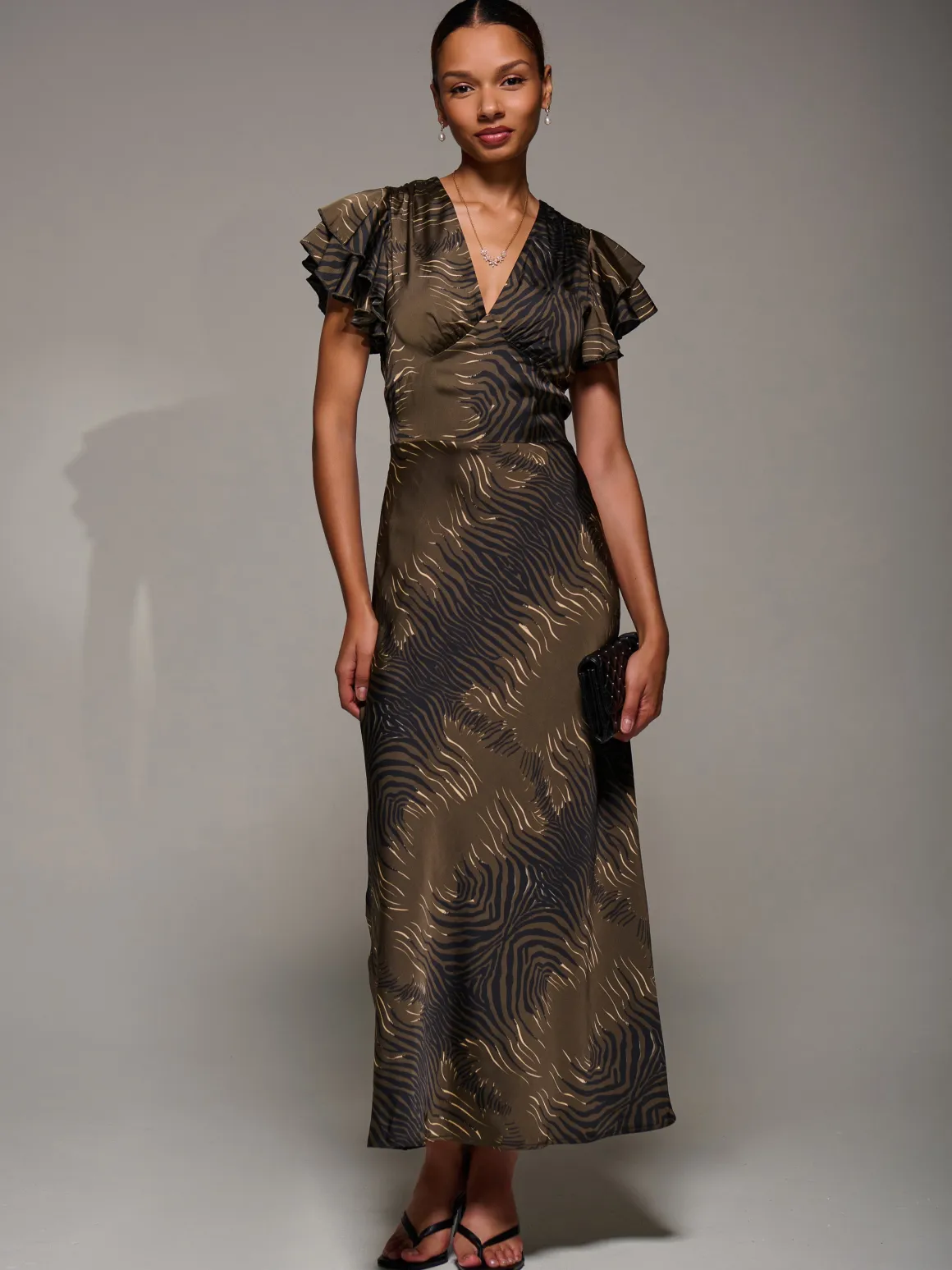 Ruffle Sleeve Print Satin Maxi Dress, Brown Animal